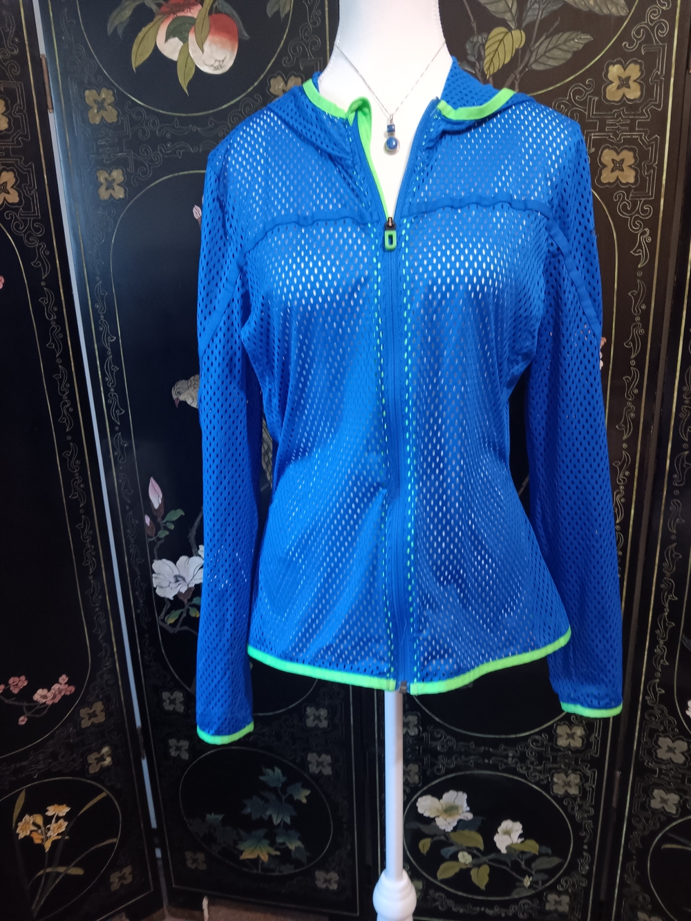 Adidas Women’s Blue Mesh Zip-Up Jacket with Lime Trim
